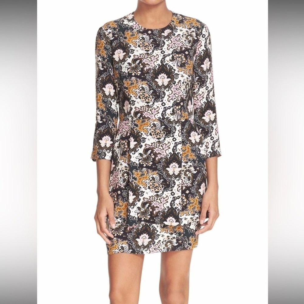 ALC Tordi Abstract Floral 100% Silk Crepe Mini Dress 10 Tiered Pleat‎ 3/4 Sleeve